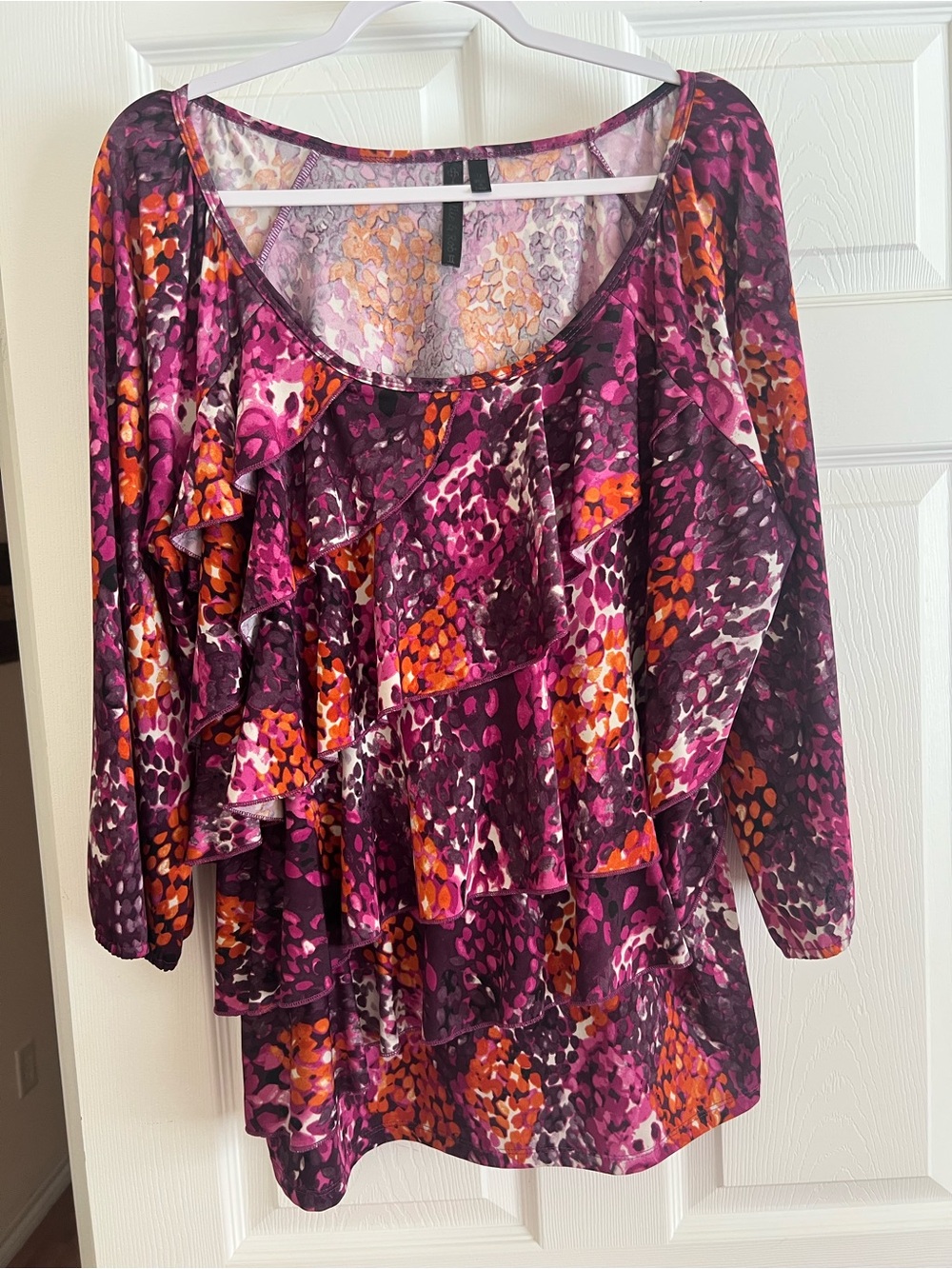 Women's Ruffle Front Scoop Neck Top - Purple Pink Orange Print